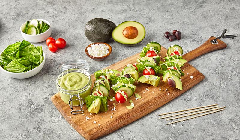 Avocados From Mexico Greek Goddess Salad on a Stick with Avo Mediterranean Greek Dressing recipe