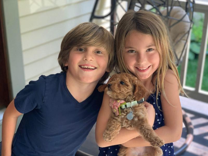Charlie Timmel (right) and his sister Ella with their new puppy in July 2020. (图片由Timmel一家提供)